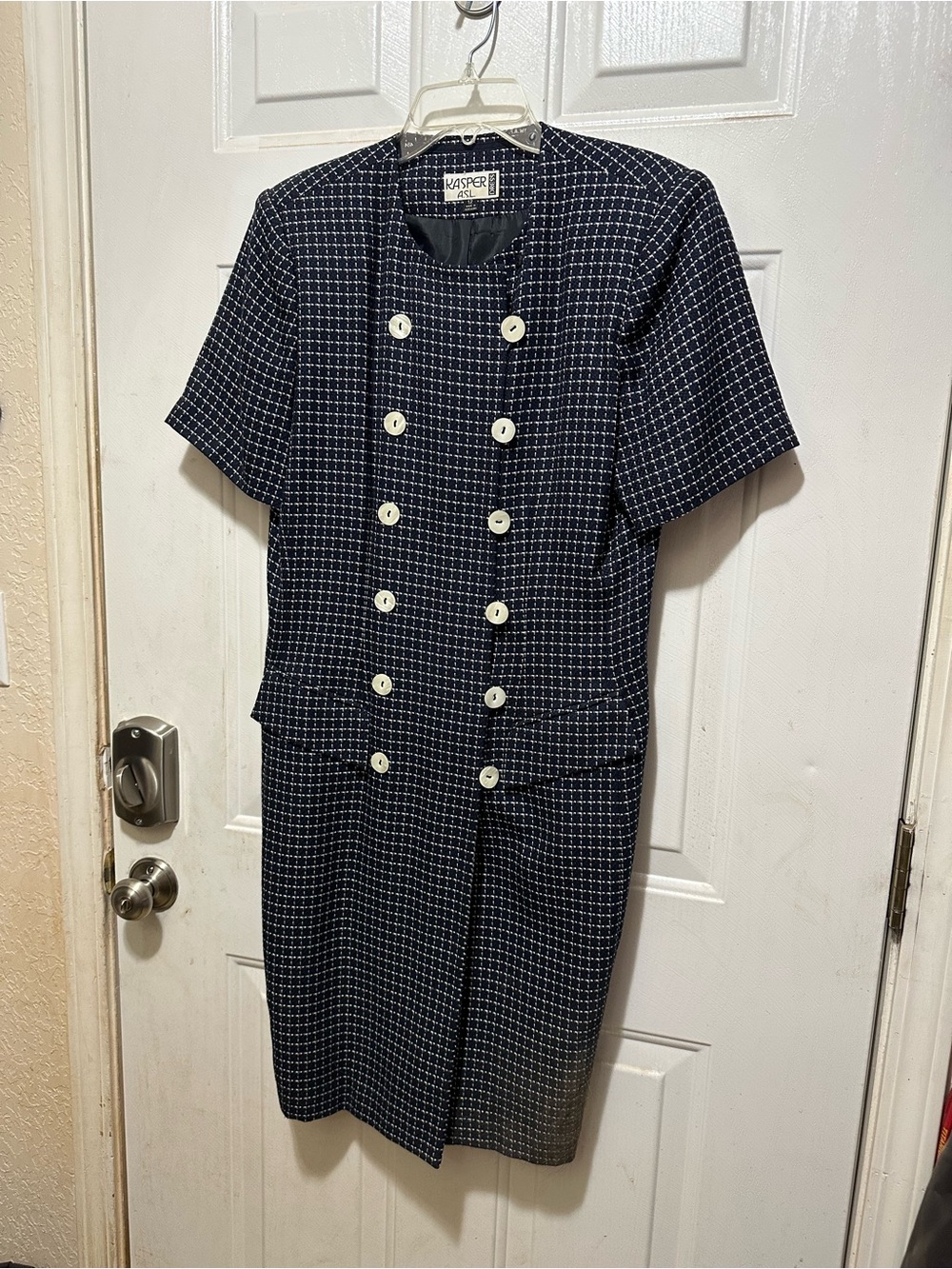 Kasper Navy Checked Short-Sleeve Button Front Dress